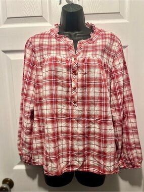 Chaps Blouse Top Plaid Boho Bell Long Sleeve XL Ruffle Collar Button Shirt Red
